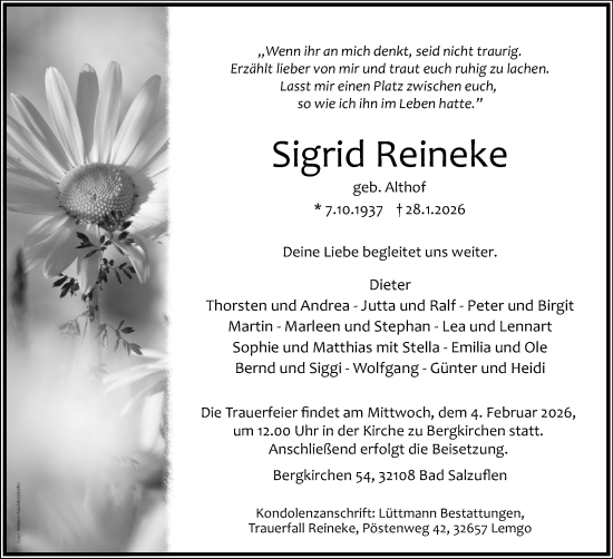 Anzeige  Sigrid Reineke  Lippische Landes-Zeitung
