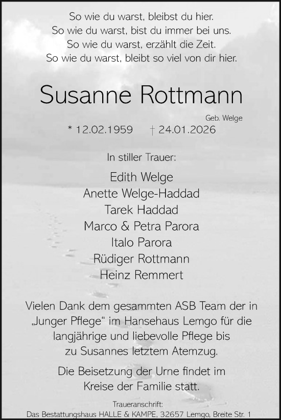 Anzeige  Susanne Rottmann  Lippische Landes-Zeitung