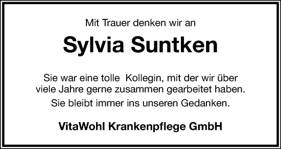 Anzeige  Sylvia Suntken  Lippische Landes-Zeitung