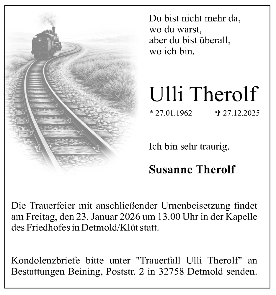  Traueranzeige für Ulli Therolf vom 10.01.2026 aus Lippische Landes-Zeitung
