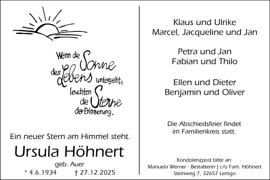 Anzeige  Ursula Höhnert  Lippische Landes-Zeitung