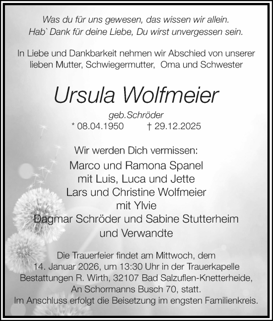 Anzeige  Ursula Wolfmeier  Lippische Landes-Zeitung