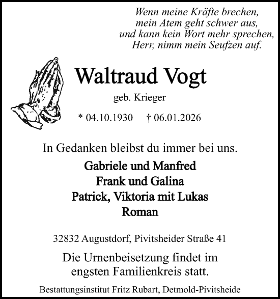 Anzeige  Waltraud Vogt  Lippische Landes-Zeitung