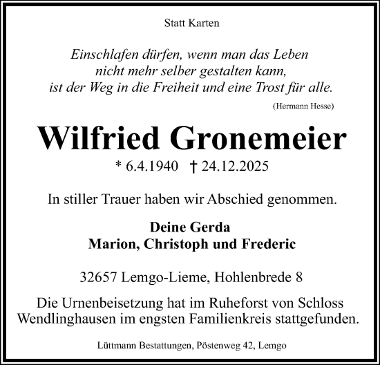 Anzeige  Wilfried Gronemeier  Lippische Landes-Zeitung
