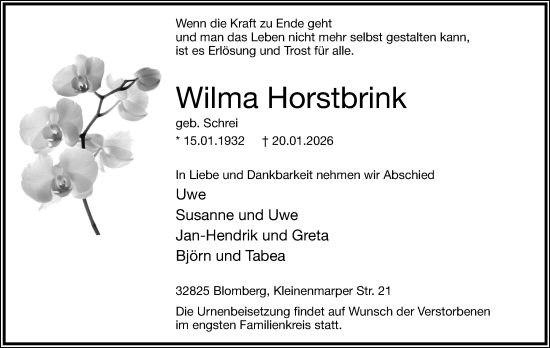 Anzeige  Wilma Horstbrink  Lippische Landes-Zeitung