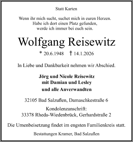 Anzeige  Wolfgang Reisewitz  Lippische Landes-Zeitung
