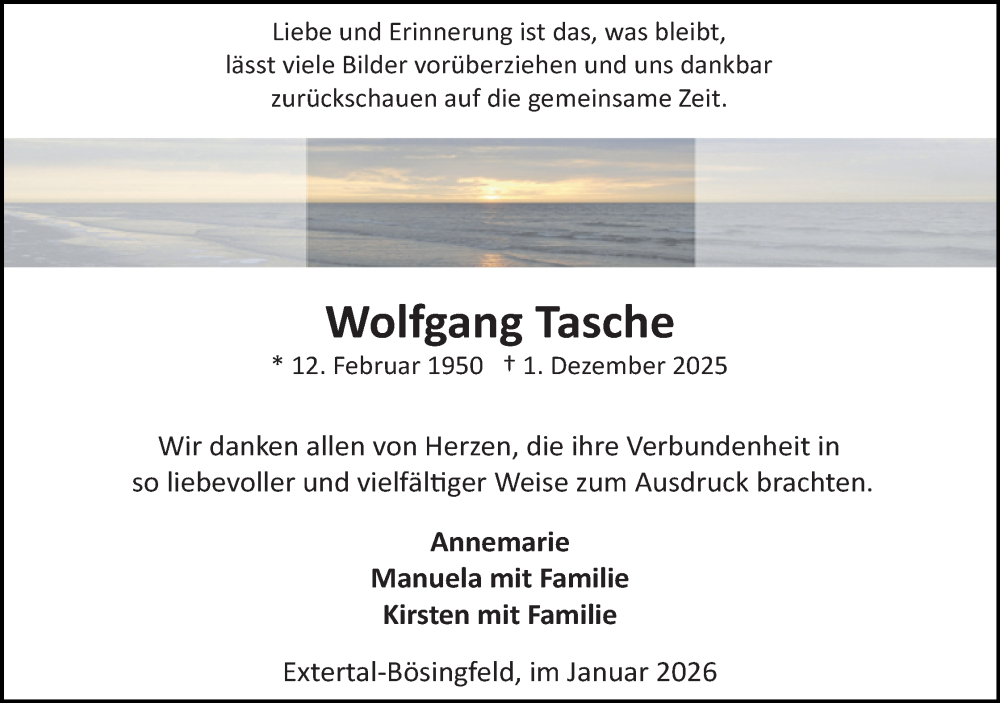 Traueranzeige für Wolfgang Tasche vom 03.01.2026 aus Lippische Landes-Zeitung
