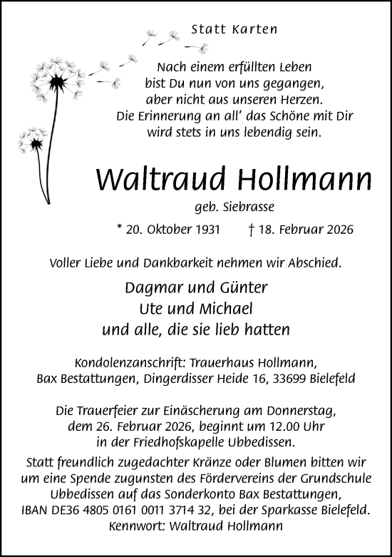 Anzeige  Waltraud Hollmann  Lippische Landes-Zeitung
