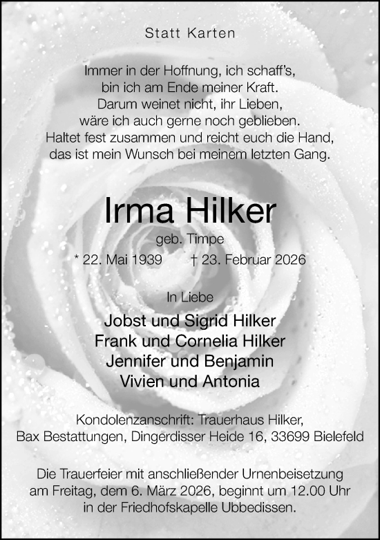 Anzeige  Irma Hilker  Lippische Landes-Zeitung