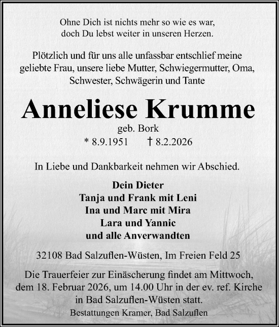 Anzeige  Anneliese Krumme  Lippische Landes-Zeitung