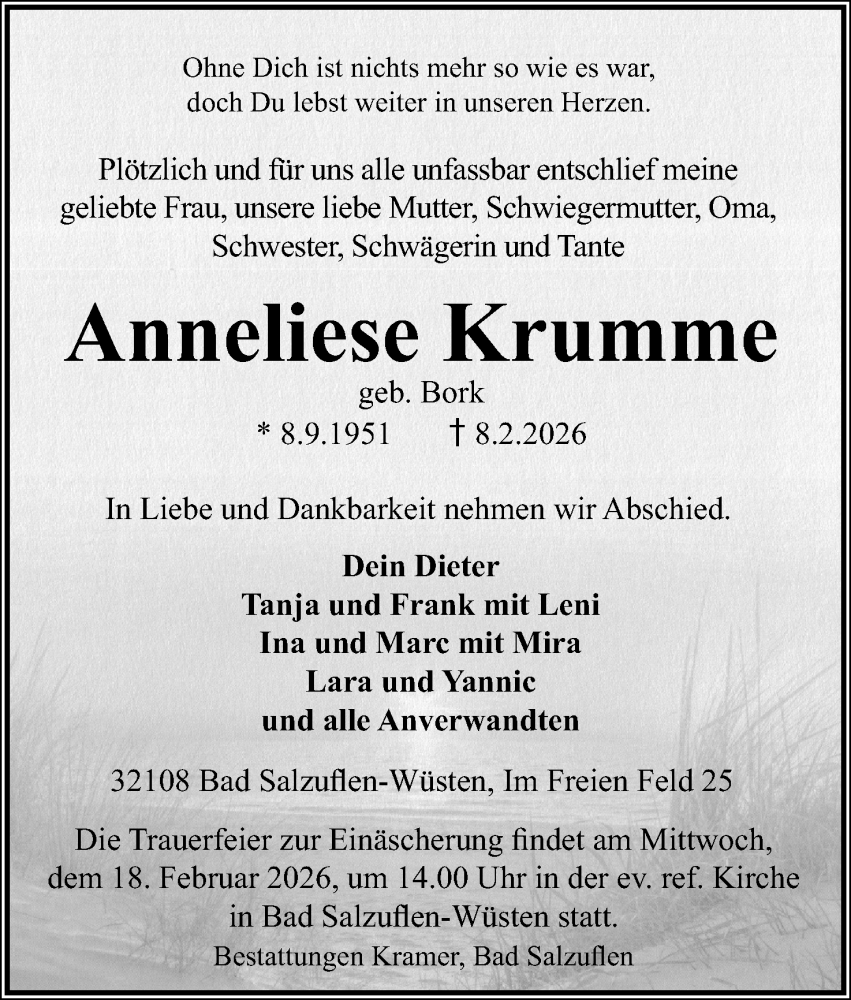  Traueranzeige für Anneliese Krumme vom 14.02.2026 aus Lippische Landes-Zeitung
