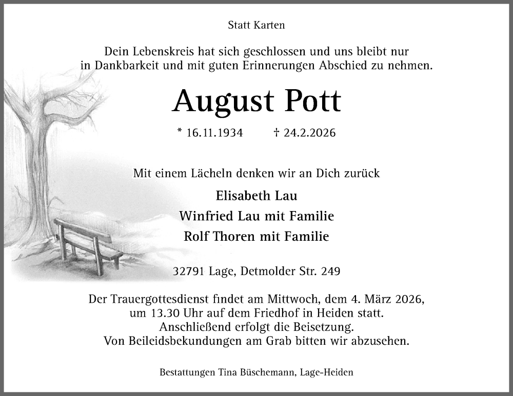  Traueranzeige für August Pott vom 28.02.2026 aus Lippische Landes-Zeitung