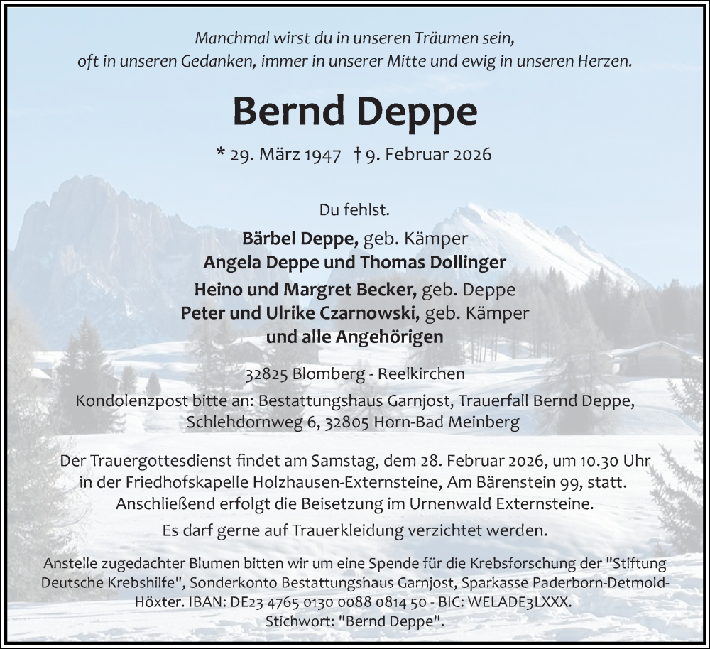  Traueranzeige für Bernd Deppe vom 21.02.2026 aus Lippische Landes-Zeitung