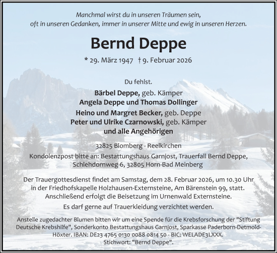 Anzeige  Bernd Deppe  Lippische Landes-Zeitung