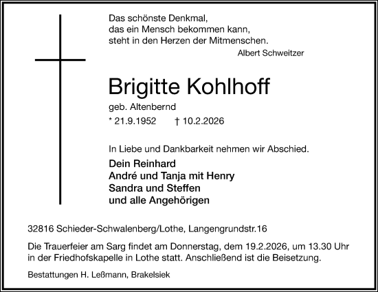 Anzeige  Brigitte Kohlhoff  Lippische Landes-Zeitung