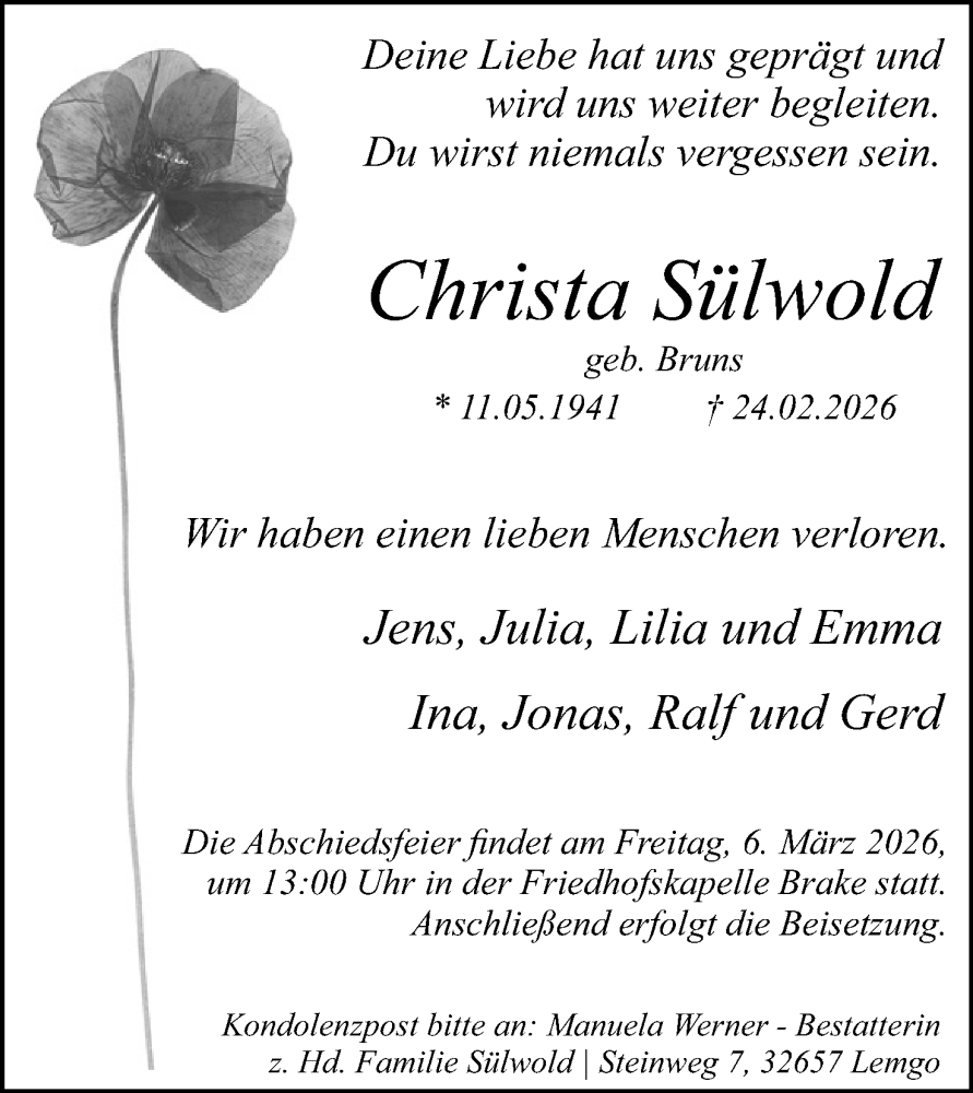  Traueranzeige für Christa Sülwold vom 28.02.2026 aus Lippische Landes-Zeitung