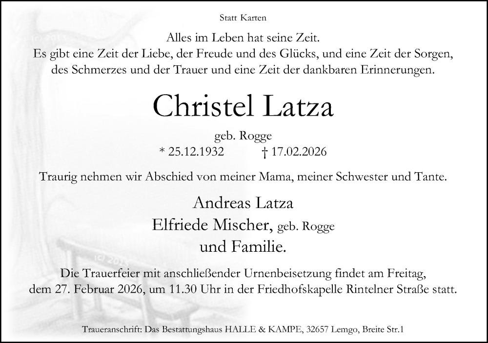  Traueranzeige für Christel Latza vom 21.02.2026 aus Lippische Landes-Zeitung