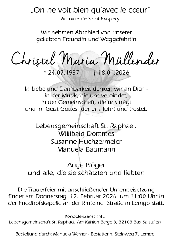 Anzeige  Christel Maria Müllender  Lippische Landes-Zeitung