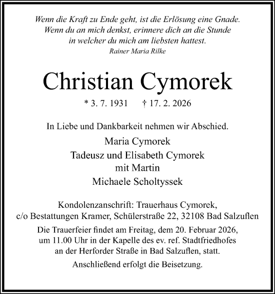 Anzeige  Christian Cymorek  Lippische Landes-Zeitung