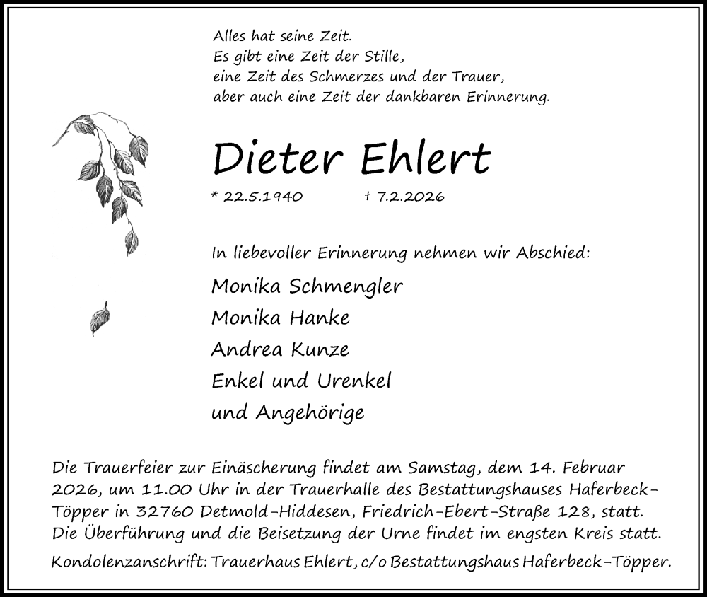  Traueranzeige für Dieter Ehlert vom 11.02.2026 aus Lippische Landes-Zeitung