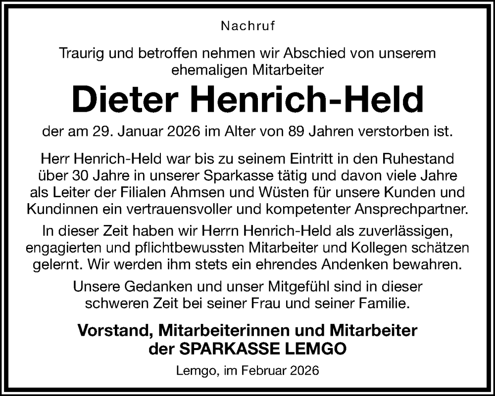  Traueranzeige für Dieter Henrich-Held vom 07.02.2026 aus Lippische Landes-Zeitung