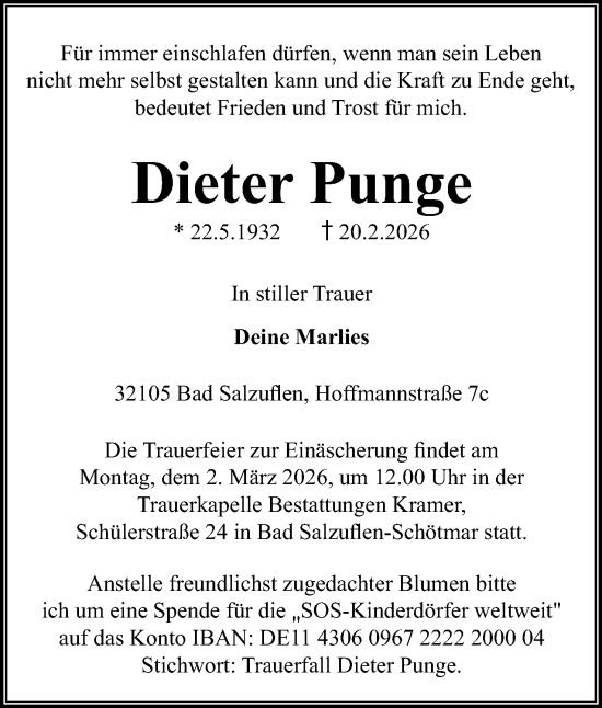 Anzeige  Dieter Punge  Lippische Landes-Zeitung