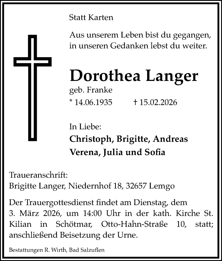  Traueranzeige für Dorothea Langer vom 21.02.2026 aus Lippische Landes-Zeitung