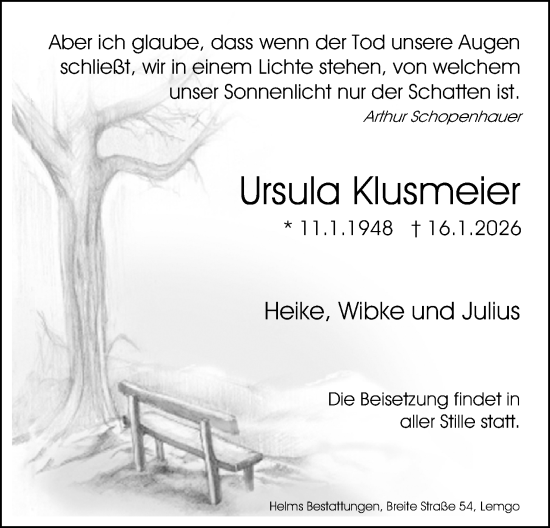 Anzeige  Ursula Klusmeier  Lippische Landes-Zeitung