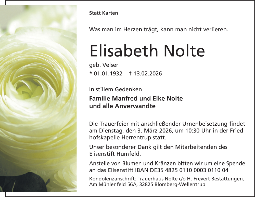  Traueranzeige für Elisabeth Nolte vom 21.02.2026 aus Lippische Landes-Zeitung
