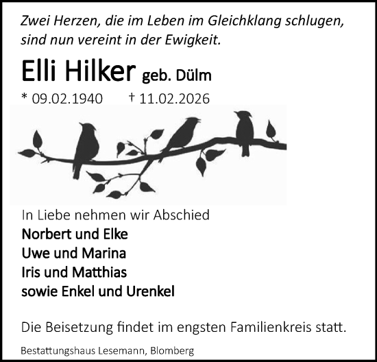 Anzeige  Elli Hilker  Lippische Landes-Zeitung
