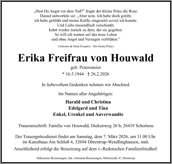 Anzeige  Erika Freifrau von Houwald  Lippische Landes-Zeitung