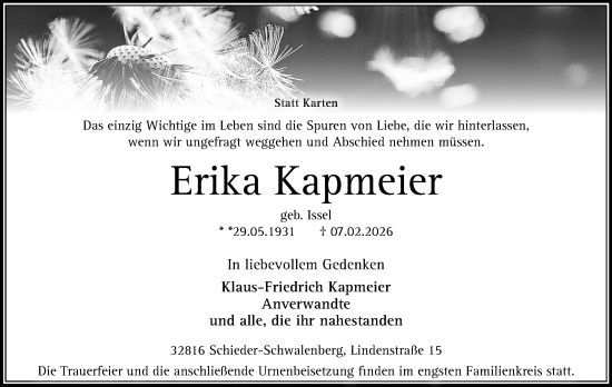 Anzeige  Erika Kapmeier  Lippische Landes-Zeitung