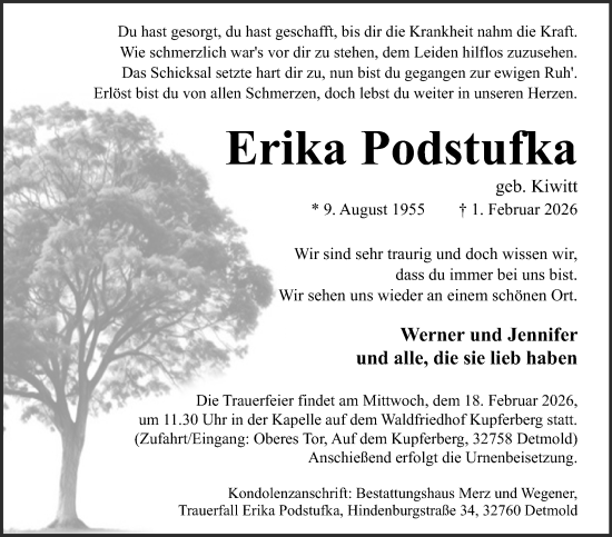 Anzeige  Erika Podstufka  Lippische Landes-Zeitung