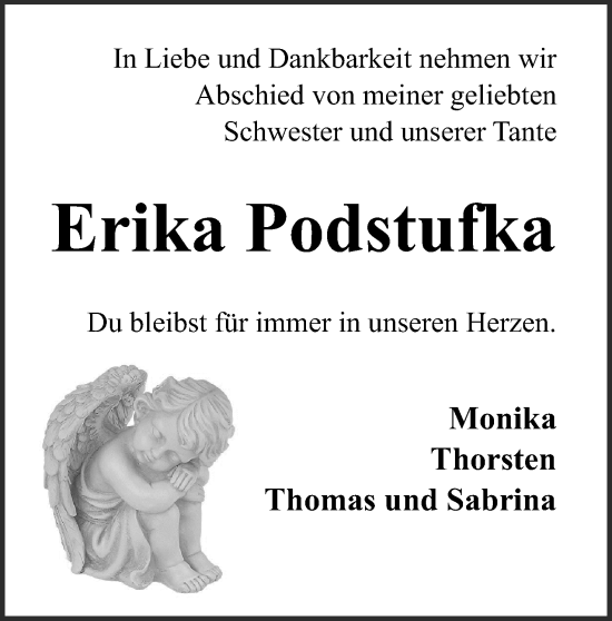 Anzeige  Erika Podstufka  Lippische Landes-Zeitung