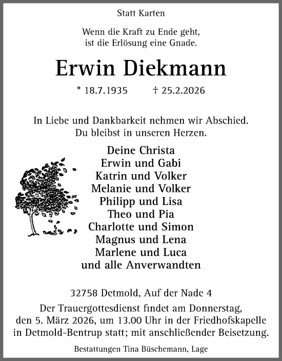 Anzeige  Erwin Diekmann  Lippische Landes-Zeitung