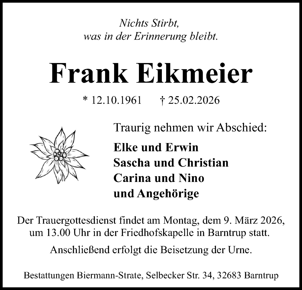  Traueranzeige für Frank Eikmeier vom 28.02.2026 aus Lippische Landes-Zeitung
