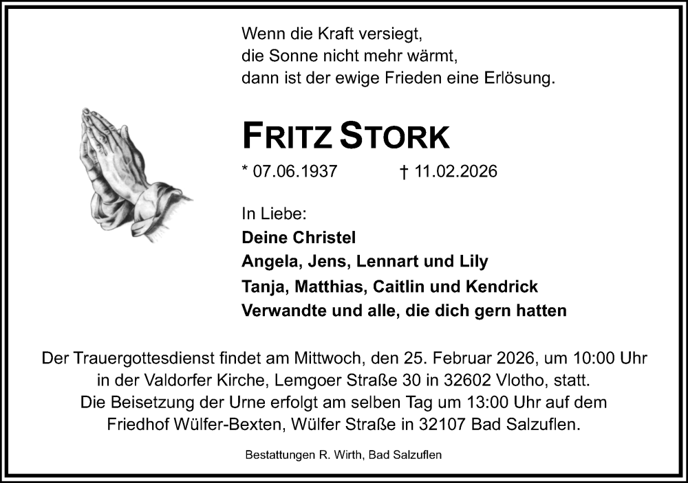  Traueranzeige für Fritz Stork vom 18.02.2026 aus Lippische Landes-Zeitung