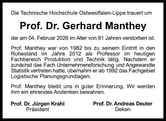 Anzeige  Gerhard Manthey  Lippische Landes-Zeitung