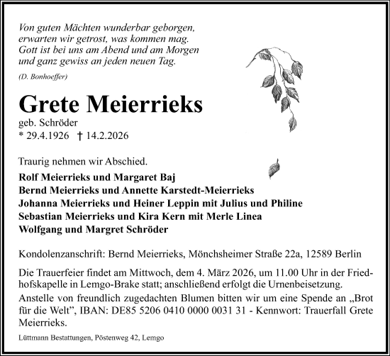 Anzeige  Grete Meierrieks  Lippische Landes-Zeitung