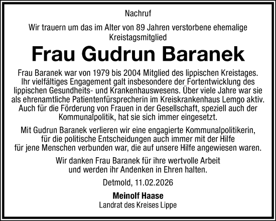 Anzeige  Gudrun Baranek  Lippische Landes-Zeitung