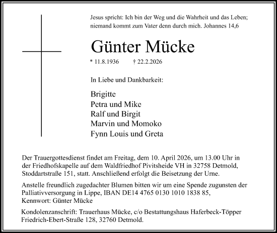 Anzeige  Günter Mücke  Lippische Landes-Zeitung