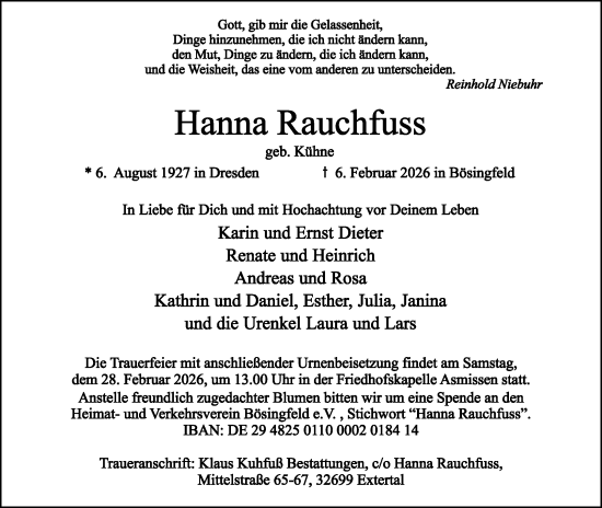 Anzeige  Hanna Rauchfuss  Lippische Landes-Zeitung