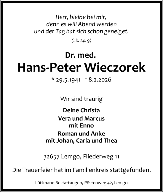 Anzeige  Hans-Peter Wieczorek  Lippische Landes-Zeitung