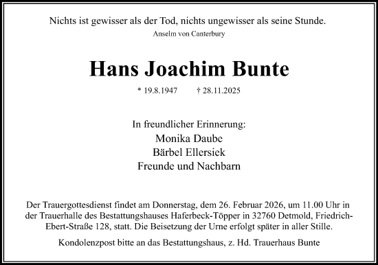 Anzeige  Hans Joachim Bunte  Lippische Landes-Zeitung