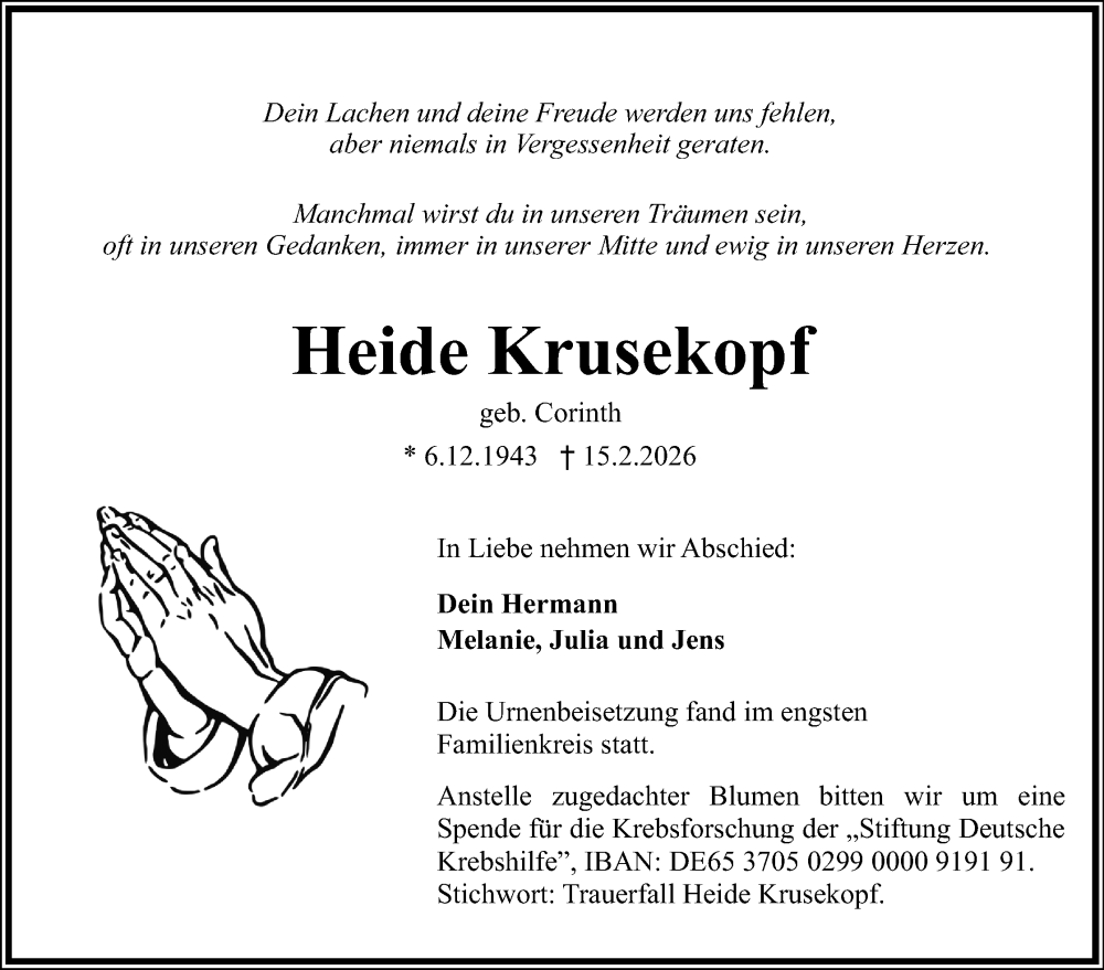  Traueranzeige für Heide Krusekopf vom 28.02.2026 aus Lippische Landes-Zeitung