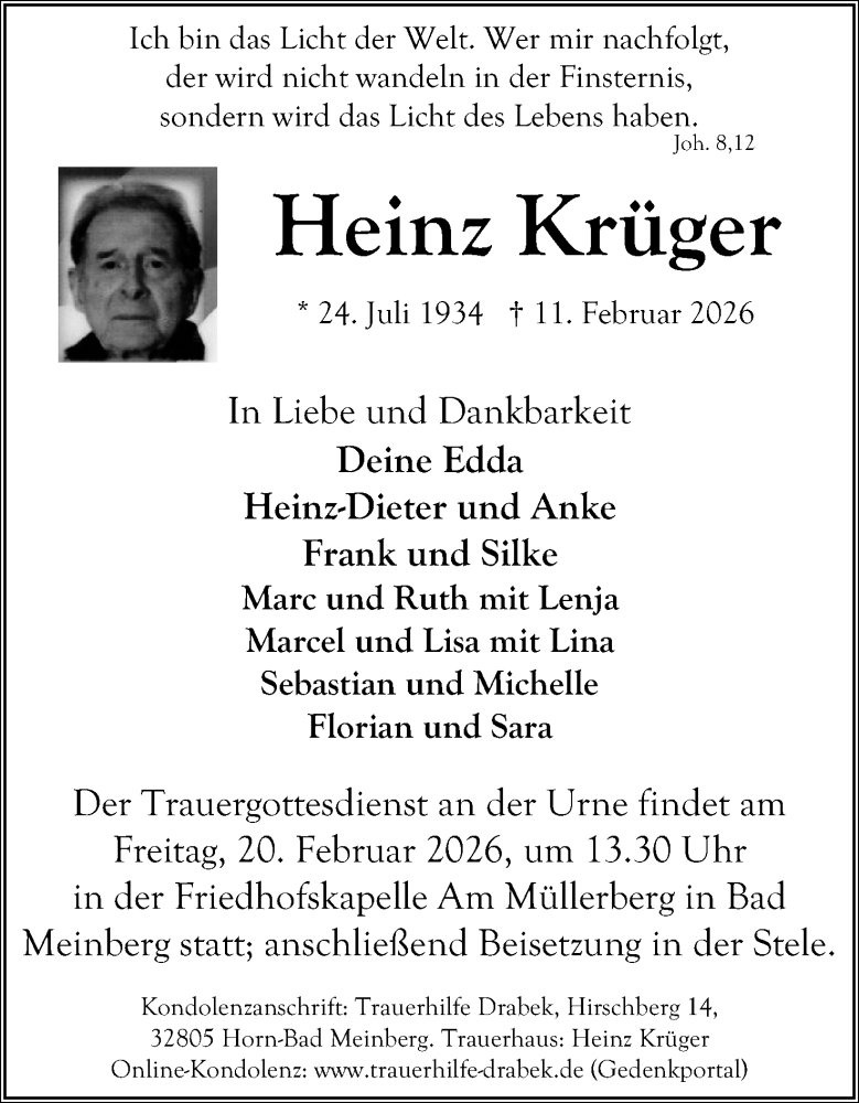  Traueranzeige für Heinz Krüger vom 14.02.2026 aus Lippische Landes-Zeitung