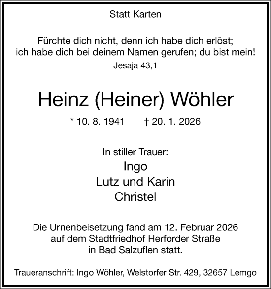 Anzeige  Heinz Wöhler  Lippische Landes-Zeitung