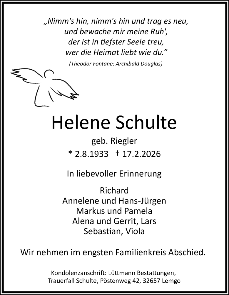  Traueranzeige für Helene Schulte vom 21.02.2026 aus Lippische Landes-Zeitung