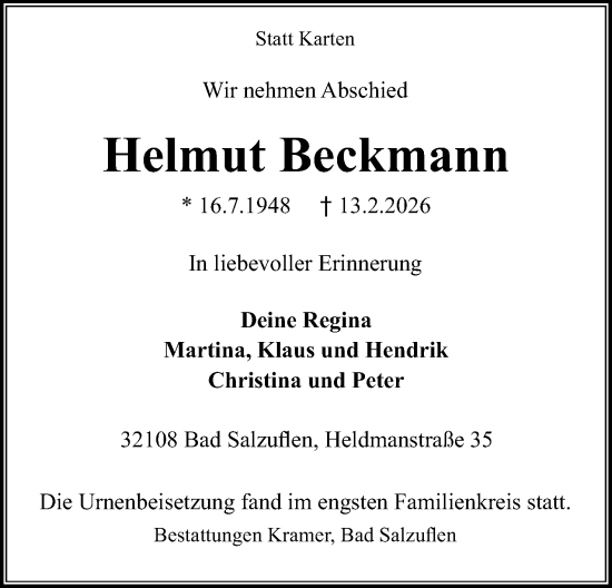Anzeige  Helmut Beckmann  Lippische Landes-Zeitung