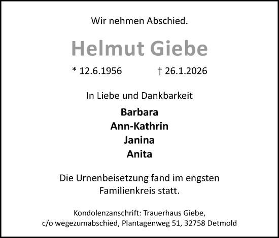 Anzeige  Helmut Giebe  Lippische Landes-Zeitung